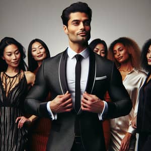 Confident South Asian Man in Stylish Suit Surrounded by Diverse Women