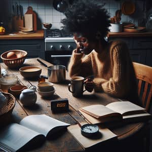 Stressed African Woman in Home Kitchen Scene
