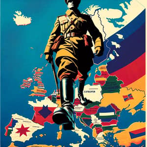 Soldier Stepping on Europe Map - 90s Japanese Style Poster Art