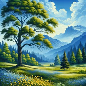 Tranquil Landscape Painting with Large Tree & Meadow