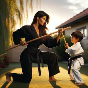 Hispanic Mother Teaches Martial Arts to 5-Year-Old Son