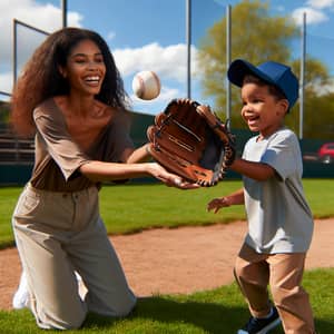 Young Black Mother Teaching Son Baseball Catching Fun