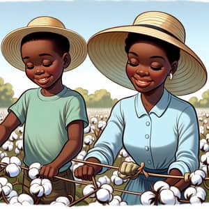 Heartwarming Cartoon of a Young Black Mother and Son Picking Cotton