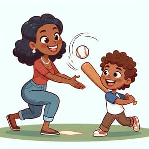 Playful Baseball Learning Moment Between Young Black Mother and Son
