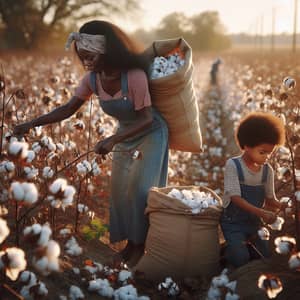 Young Black Mother Picking Cotton with Son in Cotton Field