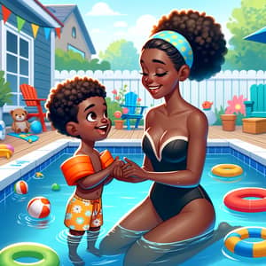 Young Black Mother Teaching 5-Year-Old Son to Swim