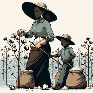 Young Black Mother & Son Harvesting Cotton | Family Farming Scene