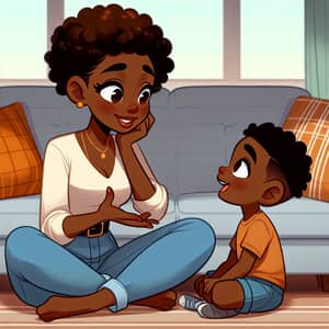 Heartfelt Cartoon Scene: Young Black Mother Talking to 5-Year-Old Son