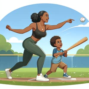 Young Black Mother Teaching Son to Hit Baseball