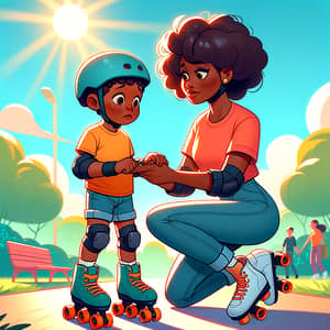 Cartoon Young Black Mother Teaches Son Roller Skating