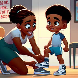 Cartoon Black Mother Supports Son with Ankle Weights