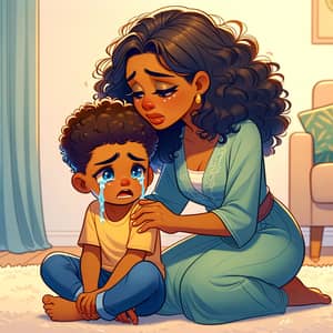 Heartwarming Cartoon Scene: Comforting Black Mother and Son