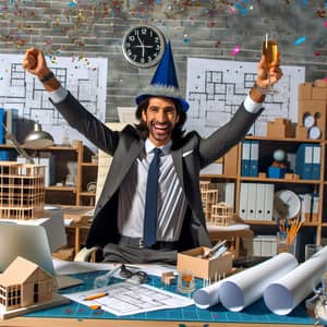 Middle-Eastern Male Architect Celebrating New Year in Office