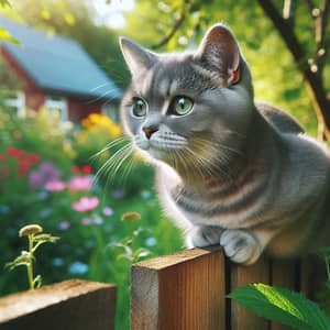 Domestic Short-Haired Cat on Wooden Fence in Sunny Garden