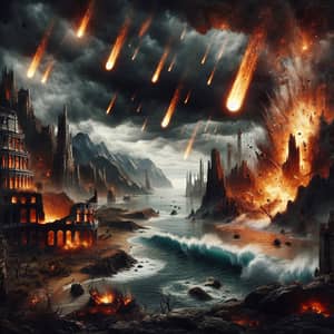 Apocalyptic Scene: Fiery Meteors, Crumbling Cities & Raging Oceans