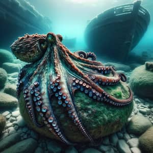Ancient Octopus Resting on Underwater Rocks