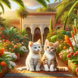 Adorable Kittens in Moroccan Garden: White & Orange Striped Cats