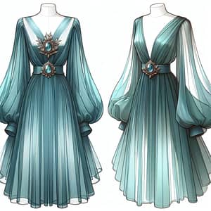 Elegant Blue-Green Chiffon Dress with Long Sleeves & Chest Accessory