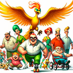 Vibrant Yellow Phoenix skating among Cartoon Characters