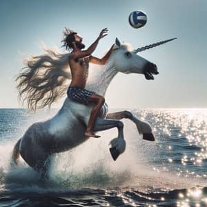 Man Playing Volleyball on Unicorn in Ocean