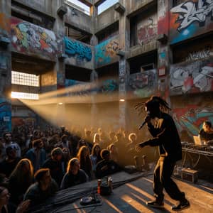 Urban Dusk Scene: Colorful Graffiti, Energetic Rapper, Diverse Crowd