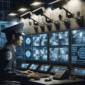 Modern Surveillance Scene with High-Tech Security Camera and Officer
