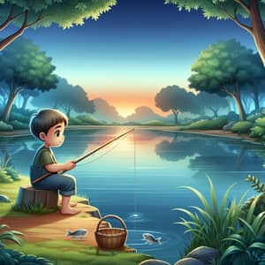 Tranquil Fishing Scene with South Asian Boy Kiên by Calm Lake