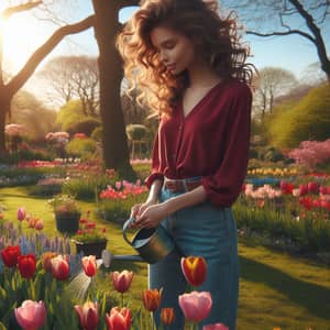 Beautiful Woman Watering Tulips in Garden