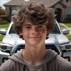 Smiling Teenage Boy with Curly Hair by Silver Toyota Tacoma