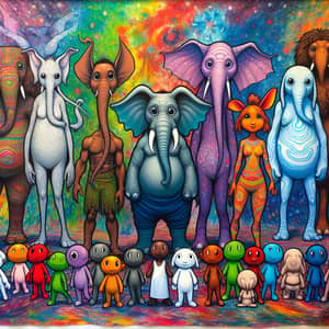 Colorful Elephant People: Fantastical Beings in Vibrant Setting