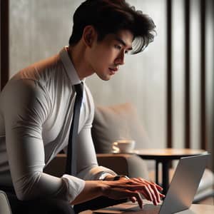 Professional East Asian Man Working on Modern Laptop