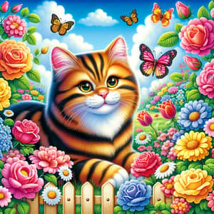 Vibrant House Cat in Blossoming Garden - Summer Scene