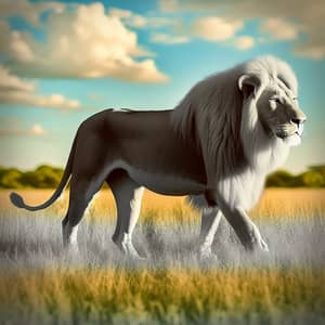 Majestic Colorless Lion on a Grassy Savannah Plain