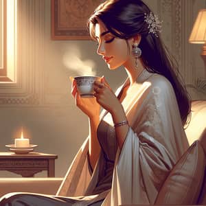 Elegant South Asian Woman Savoring Coffee - Tranquil Scene