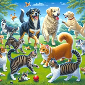Cats and Dogs Coexisting in Harmony | Park Scene with Labrador, Corgi, Persian, Maine Coon