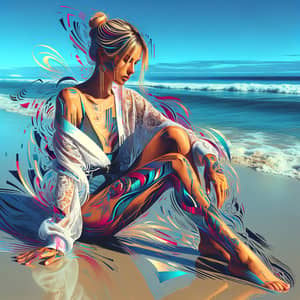 Blonde Woman Beach Glitch Art: Anime Aesthetic