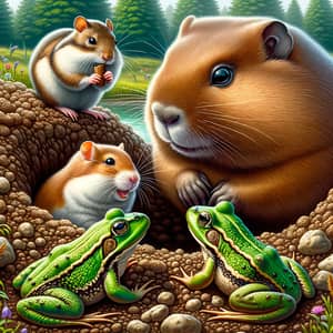 Enchanting Wildlife Scene with Gopher, Hamster, and Frogs