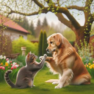 Heartwarming Dog and Cat Playful Interaction in Lush Garden