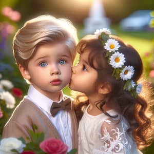 Innocent Kiss in Beautiful Park | Young Boy & Girl Embraced by Serene Light