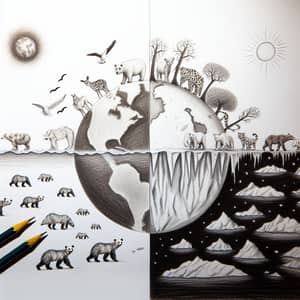 Before and After Climate Change Drawing: Earth, Endangered Animals, Melting Ice Caps