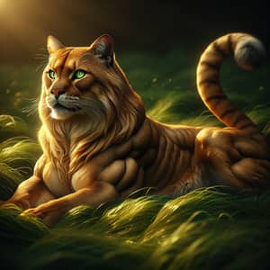 Majestic Large Feline in Verdant Field | Golden Fur & Green Eyes