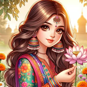 Young Indian Girl in Traditional Outfit Holding Lotus Flower