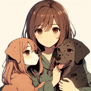 Modern Animated Style Image of a Girl Embracing Dogs