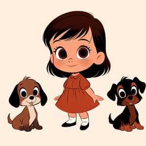 Vintage Style Animated Cartoon of Young Girl with Two Dogs