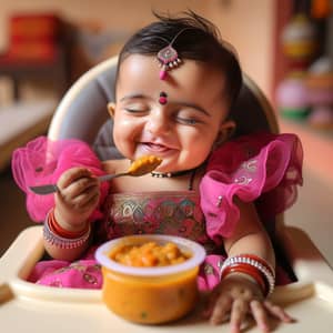 Marwadi Baby Eating in Vibrant Pink Dress