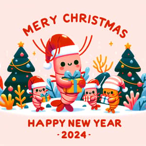 Merry Christmas & Happy New Year 2024 Card with Adorable Shrimp Family