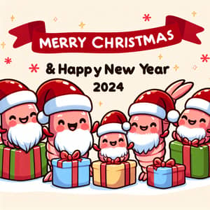 Merry Christmas & Happy New Year 2024 Card with Cute Shrimp Family