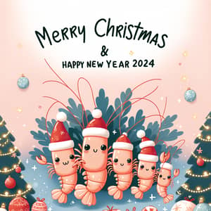Merry Christmas & Happy New Year 2024 Card with Festive Shrimp Family