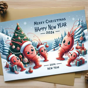 Merry Christmas & Happy New Year 2024 Greeting Card with Cute Shrimp Family