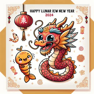 Festive Happy Lunar New Year Greeting Card with Dragon and Shrimp